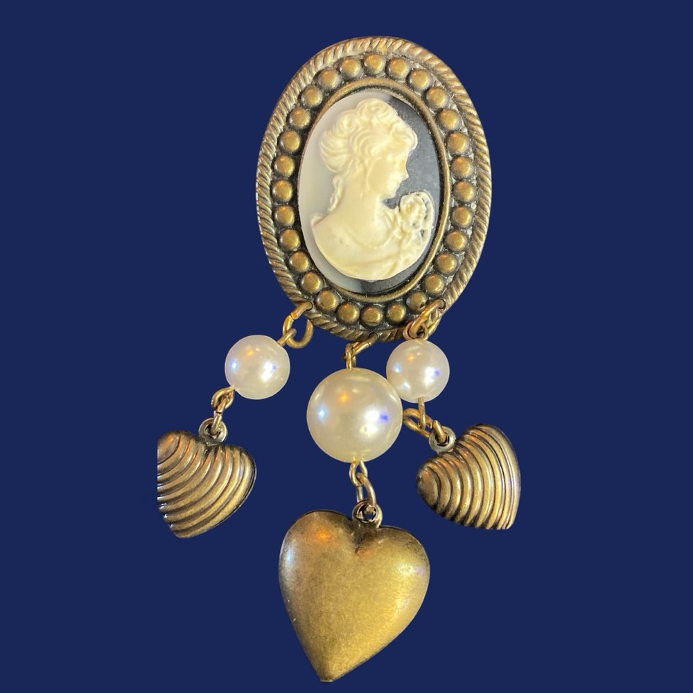 Vintage Victorian-Style Cameo Brooch w/ Pearl Dangles & Hearts